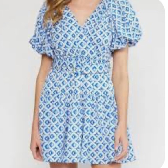 Entro Blue Geo Print V-Neck Puff Sleeve Mini Dress / Size M - Picture 1 of 6